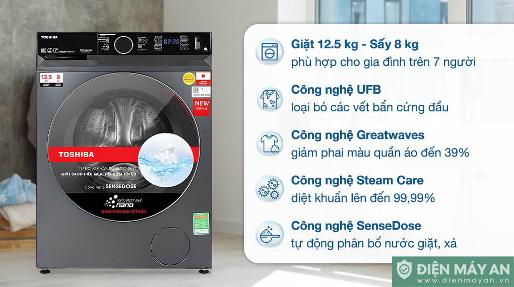 Máy Giặt Sấy Toshiba Inverter Giặt 12.5 Kg - Sấy 8 Kg TWD-BM135GF4V(MG) - tổng quan